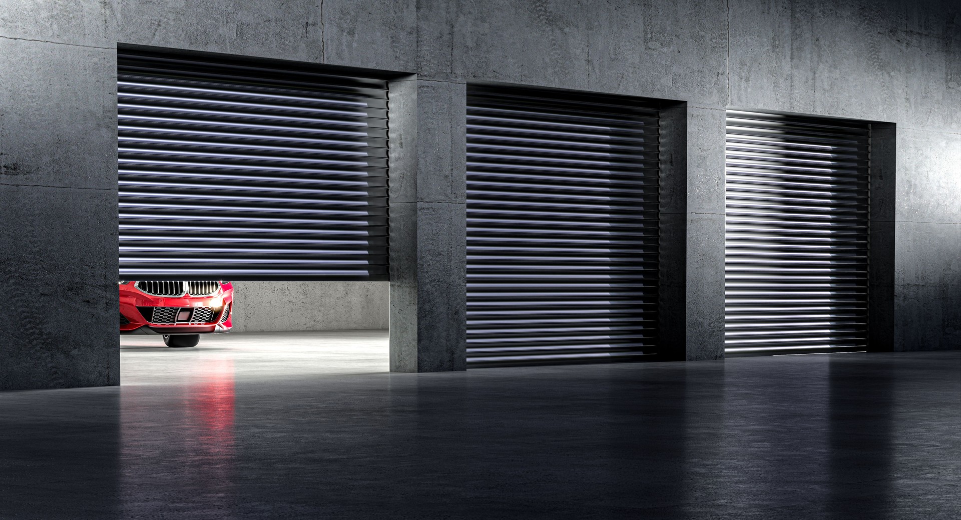 outside of garage with shutters, red car inside. 3d render