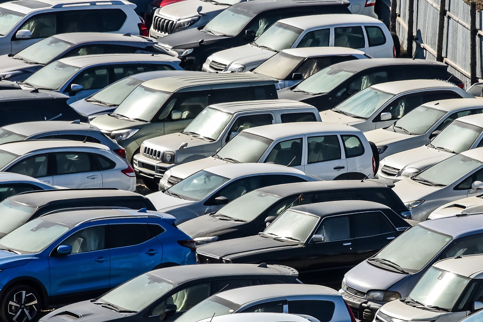 Many cars parked and distributed in rows